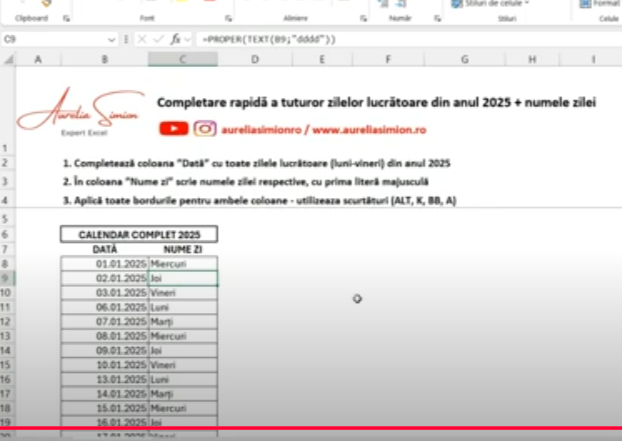 Excel Cum sa faci rapid lista ZILELOR LUCRATOARE 2025 Aurelia-Simion